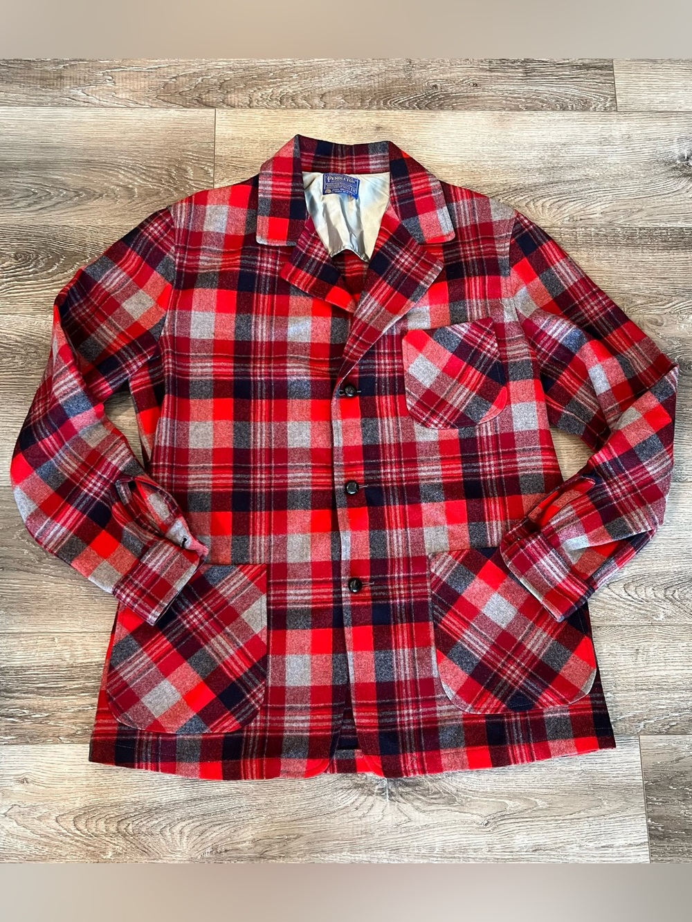 Vintage Pendleton Topster Men’s Medium Red Gray Black Plaid Wool Jacket